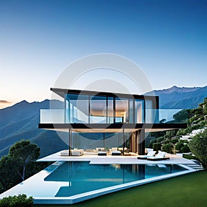 modern exterior of luxury villin minimal Glass house in the Magnificent