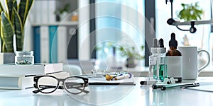 Modern eye clinic desk setup with medical supplies