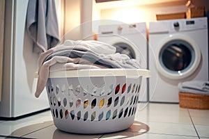 Modern fabric care: a room adorned with a washing machine, dryer, and a neatly arranged laundry basket