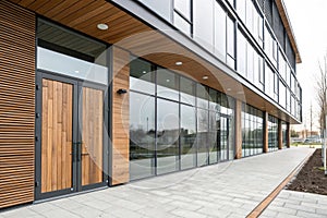 Modern facade with glass and wood cladding photo