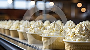 Modern factory background. Conveyor with ice cream or desserts production line. Close up detail of industrial equipment