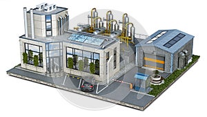 Modern factory building, warehouse and surrounding area on a piece of ground