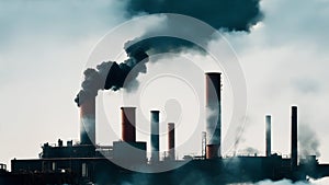 A modern factory with tall chimneys that emit smoke. Air pollution. Generation AI