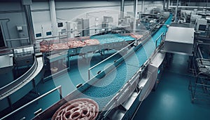 Modern factory uses automated machinery on production line for food packaging generated by AI