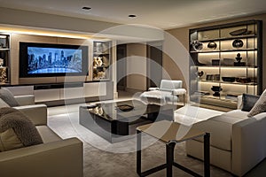 modern family room with state-of-the-art home entertainment system, sleek furnishings and ambient lighting