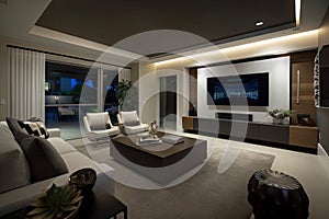 modern family room with state-of-the-art home entertainment system, sleek furnishings and ambient lighting