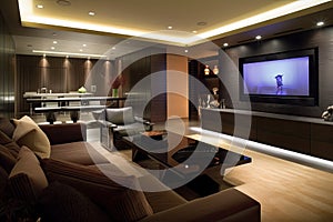 modern family room with state-of-the-art home entertainment system, sleek furnishings and ambient lighting