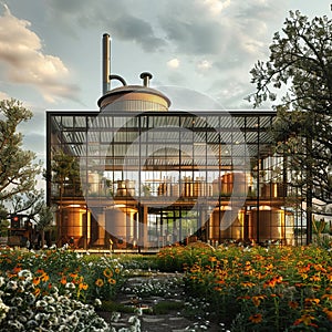 Modern farm brewery concept with glass-walled brewing facilities, showcasing sustainable farming and brewing processes photo