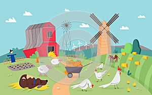 Modern farm scene with cute animals flat cartoon vector illustration concept, background
