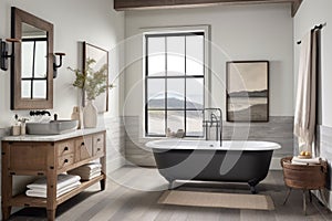 modern farmhouse bathroom with clawfoot tub and rustic wooden vanity