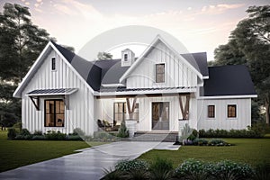 modern farmhouse house with wrap-around porch, rocking chairs and welcoming front door