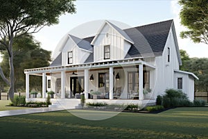 modern farmhouse house with wrap-around porch, rocking chairs and welcoming front door