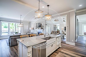 A modern farmhouse kitchen with an island, white cabinets and marble countertop. Ai generated