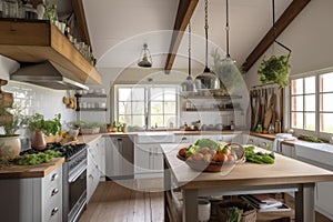 modern farmhouse kitchen with locally sourced ingredients and produce