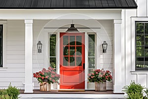 A modern farmhouse with a red front door.