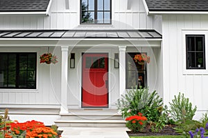 A modern farmhouse with a red front door.