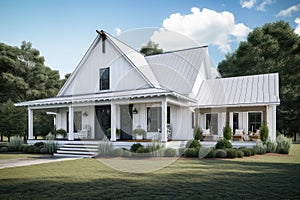 modern farmhouse, with wrap-around porch and swing, overlooking peaceful country landscape