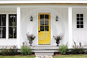 A modern farmhouse with a yellow front door.
