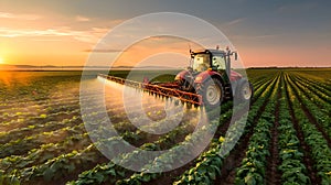 Modern Farming Techniques, Tractor Spraying Crops at Sunset. Agriculture Advancements and Food Production. Picturesque