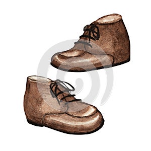 Modern fashion boy kids gentlemen s shoes. Luxury children man brown leather shoe collection. Isolated with inscription