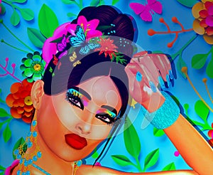 Modern fashion, hairstyle and art scene with water color butterflies