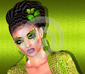 Modern fashion, hairstyle and beauty scene with butterflies in hair, green gradient background