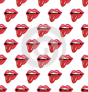 Modern fashion Lips with tongue seamless pattern. Red open mouth with tongue sticking out endless background. Retro, pin