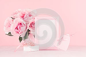 Modern fashion Valentine days background - blank frame for text, rich roses, trendy pink heart with ribbon, gift box with jewelry.