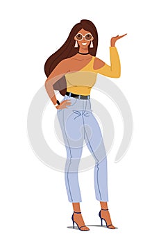 Modern fashionable girl points with her hand. Black girl in sunglasses and jeans posing. Flat cartoon vector female