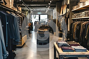 Modern fashionable interior of clothing store. Casual clothing, denim, jeans store with racks and shelves