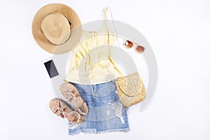 Modern fashionable look for stylish fashion blog lookbook. Flat lay of stylish clothing for woman magazine.