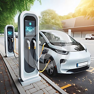 Modern fast electric vehicle chargers for charging car in park of charging stops