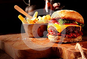 Modern Fast Food homemade burger with chips