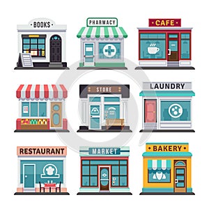 Modern fast food restaurant and shop buildings, store facades, boutiques with showcase flat icons photo