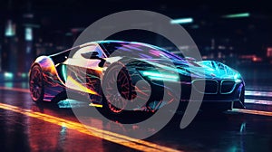 Modern fast race car sports car is driving fast on the night road with neon rays road. AI generated