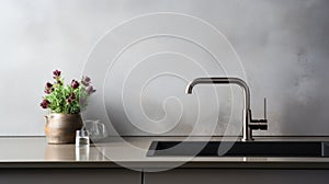 Modern faucet on kitchen countertop with plant in vase.