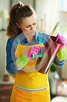 Modern female in modern living room in sunny day dusting vase