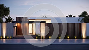 a modern fence surrounding an architecturally striking house, bathed in perfect cinematic light, ideal for commercial
