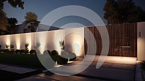 a modern fence surrounding an architecturally striking house, bathed in perfect cinematic light, ideal for commercial