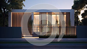 a modern fence surrounding an architecturally striking house, bathed in perfect cinematic light, ideal for commercial