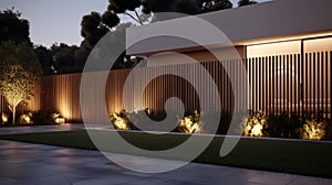 a modern fence surrounding an architecturally striking house, bathed in perfect cinematic light, ideal for commercial