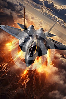 modern fifth generation combat air fighter jet in sky, advanced stealth military aircraft flying