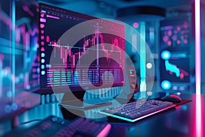 Modern financial data analysis setup with glowing screens and statistics visualized through creative visualization