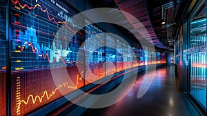 Modern financial data visualization in a high-tech trading room with dynamic graphs and screens
