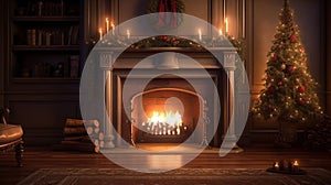 Modern Fireplace in white metal. Concrete stone wall. Soft Lights. 3D Render Image, Generative AI