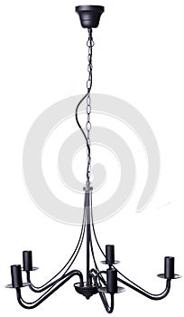 Modern five arm black candelabrum chandelier isolated on white background