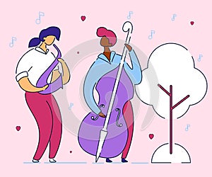 Modern flat cartoon character musical band double bass bassist and saxophone player,vector hand drawn style.Musicians