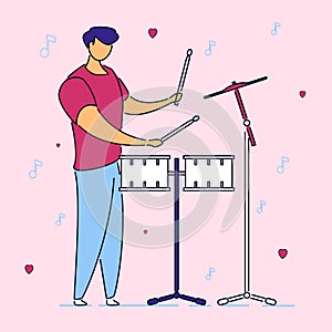 Modern flat cartoon character musical band drummer,hand drawn style.Musician man with drums instrument playing music