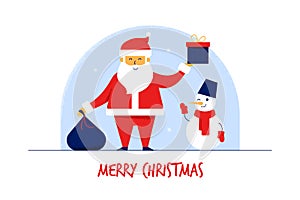 Modern flat cartoon characters Santa Claus with gift bag,Snowman,Merry Christmas New Year greeting card banner concept
