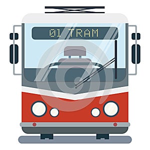 Modern flat cartoon illustration of front side of stylized tram.